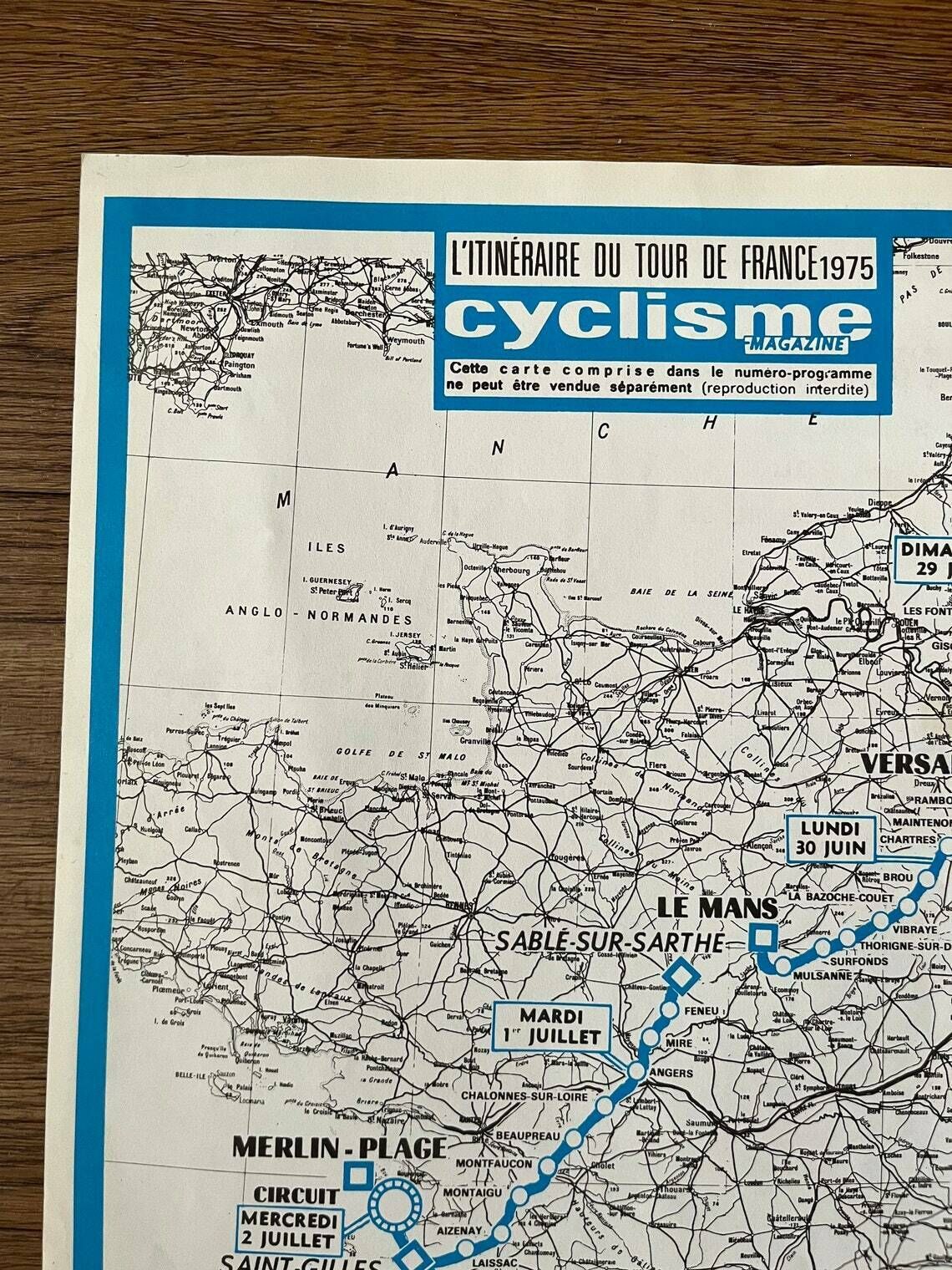 Tour De France 1975 Map   Vintage Cycling Print photo Art