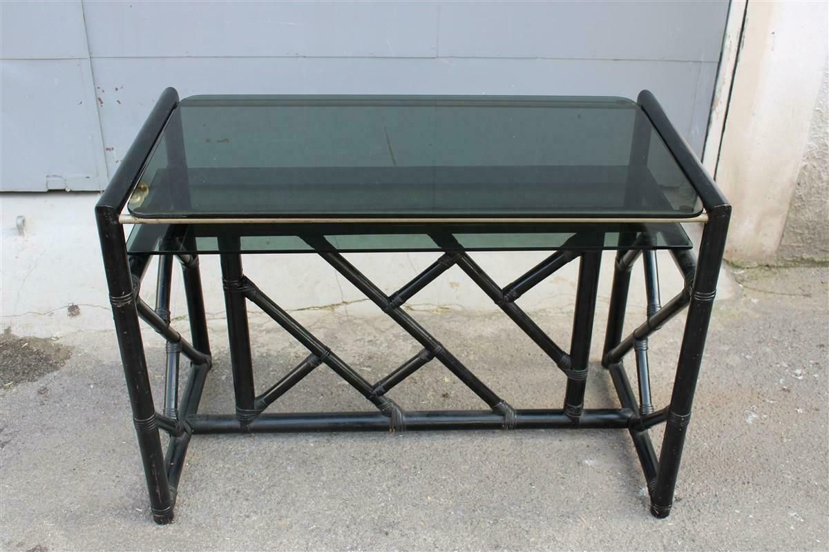 Small Black Bamboo Desk Vivai Del Sud Italia 1970s Black Crystal Top photo for sale