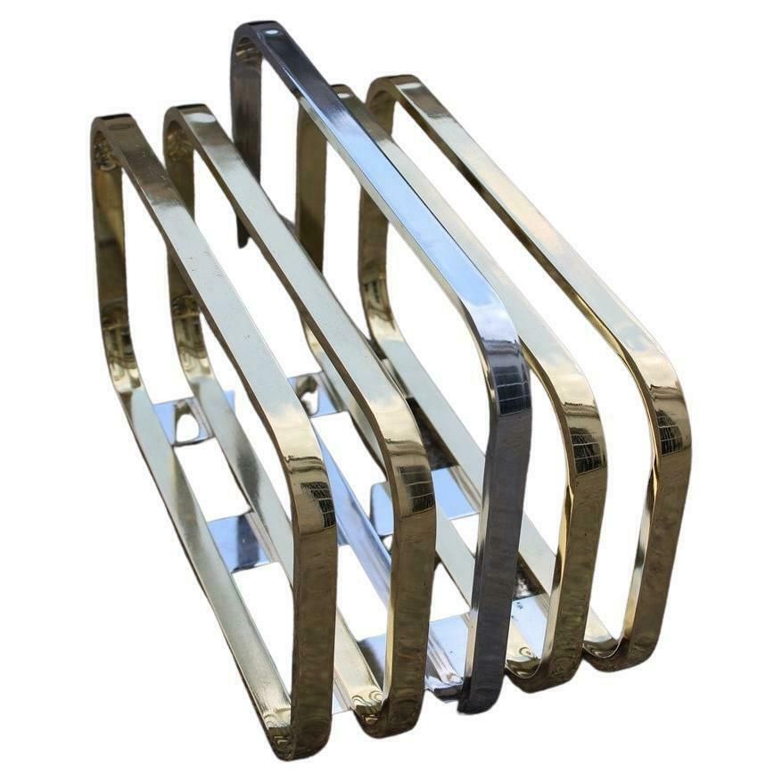 Romeo Rega Minimalist Magazine Rack In Solid Brass Italian Design, 1970s