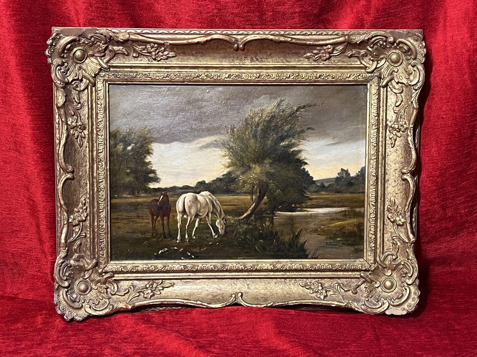 19th Century Fine Art Mare And Foal In Country Landscape Oil Painting photo for sale