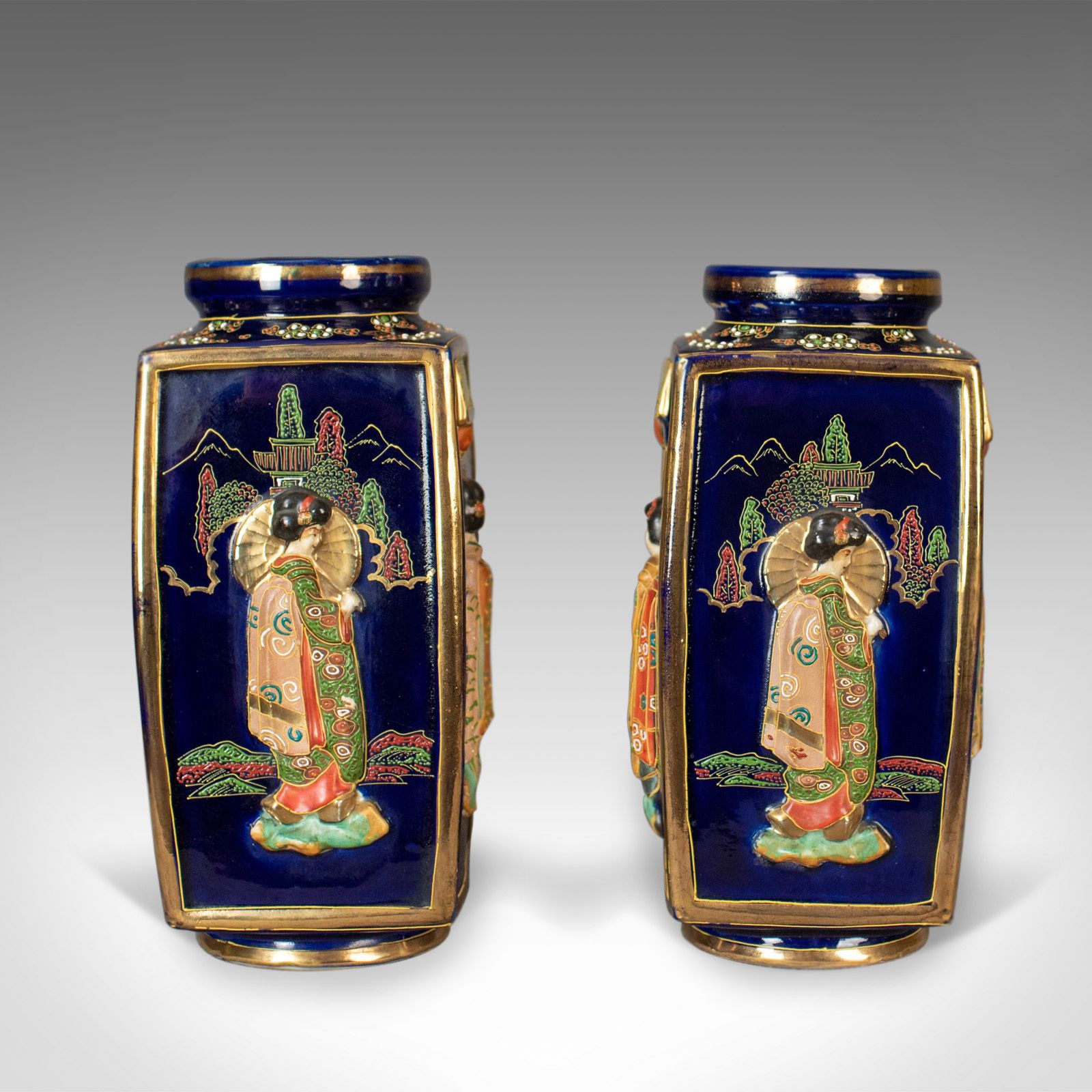 Antique Pair Of Japanese Vases, Ceramic Pots, 20th Century photo for sale