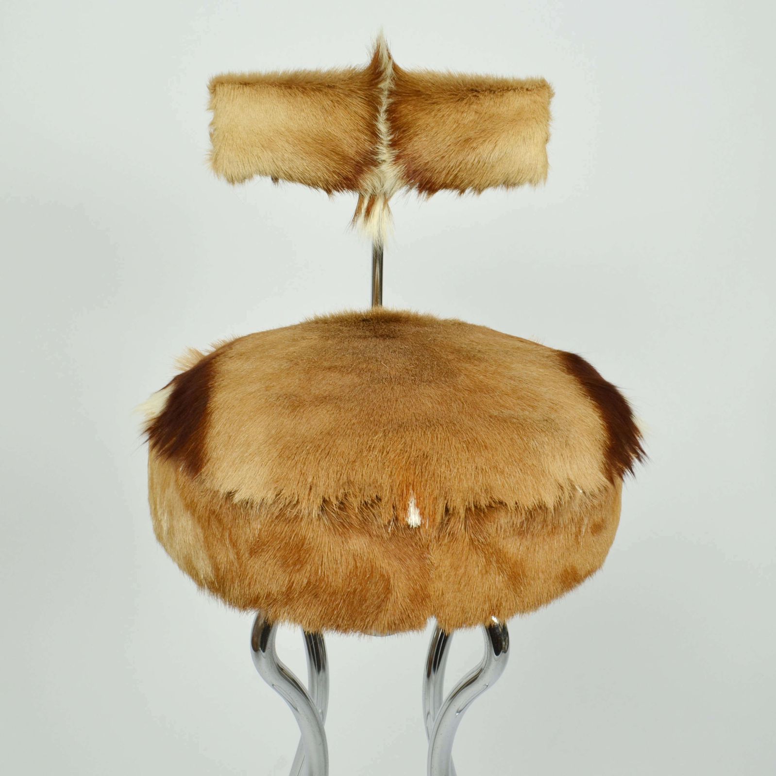 Set Of Three Swivel Bar Stools In Chrome And Goatskin photo for sale