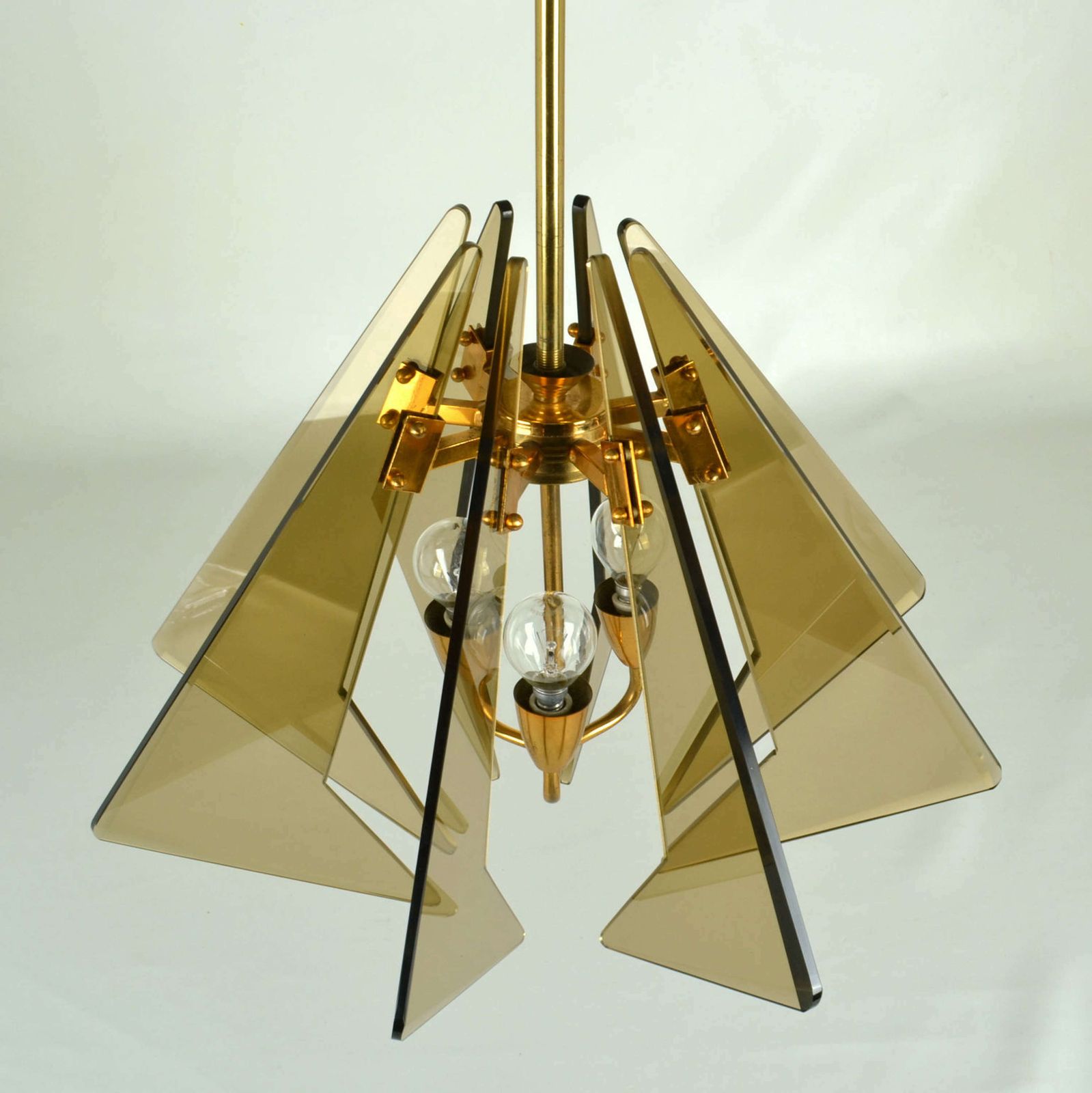 Chandelier In Tinted Glass And Gilded Brass By Gino Paroldo, 1950's photo for sale