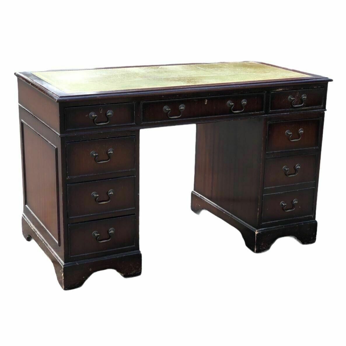 Mahogany Pedestal Desk With Green Leather Top. photo furniture