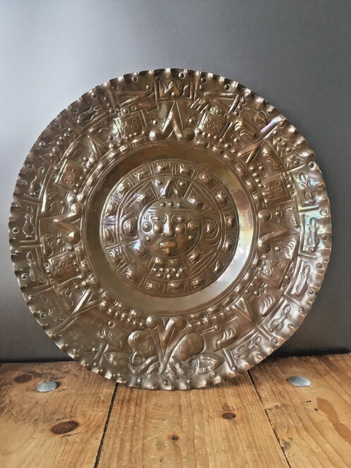 Huge Vintage  Aztec Mayan Sun God Copper Charger Wall Plate Plaque Mexico photo furniture