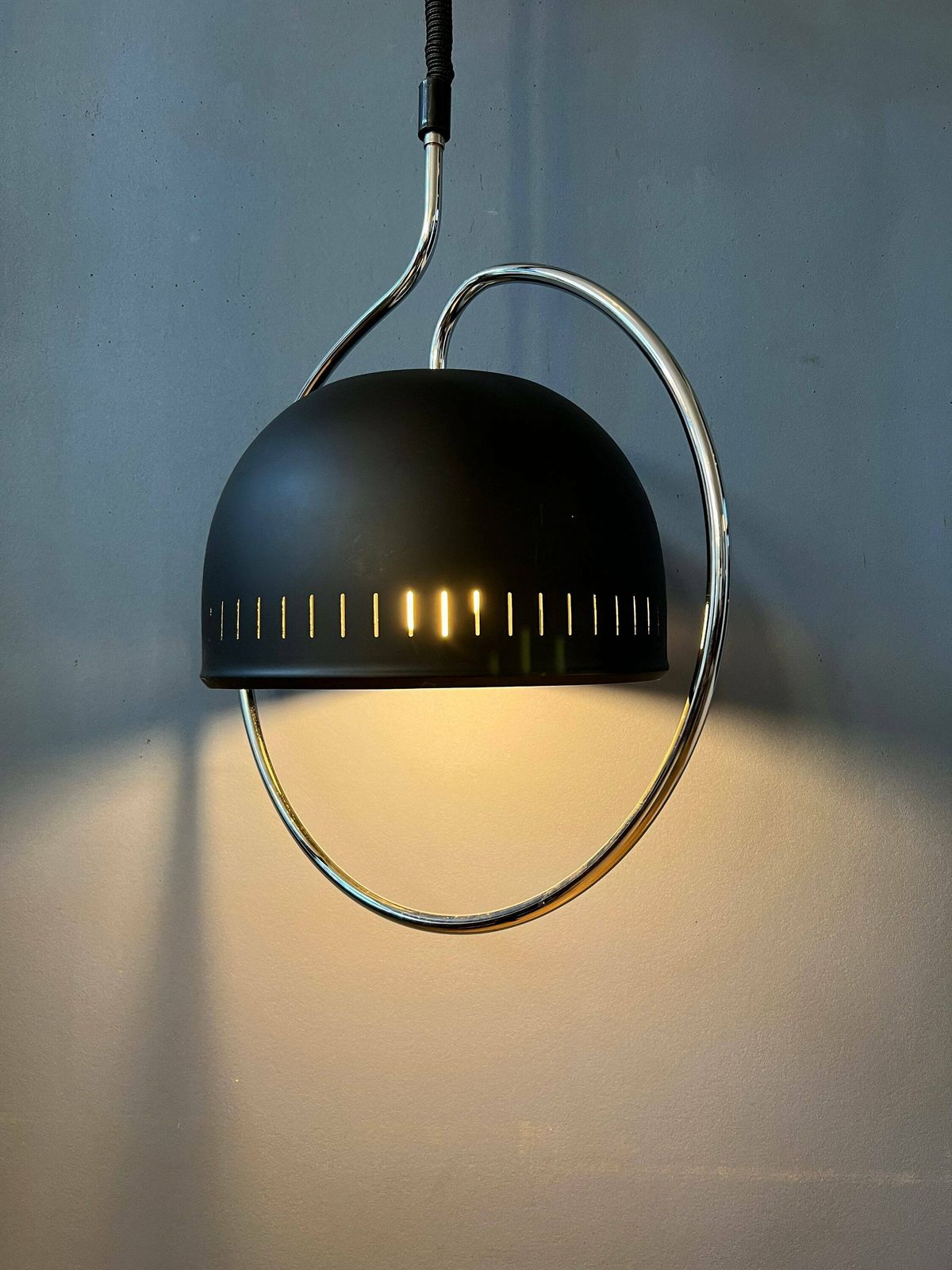 Dijkstra Space Age Hanging Lamp With Chrome Frame And Black Metal Shade photo for sale