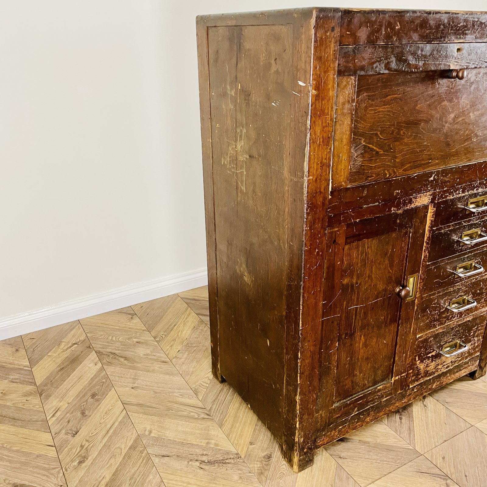 Large Industrial Workshop Cabinet With Brass Handles + Glass Top, 1920s photo for sale