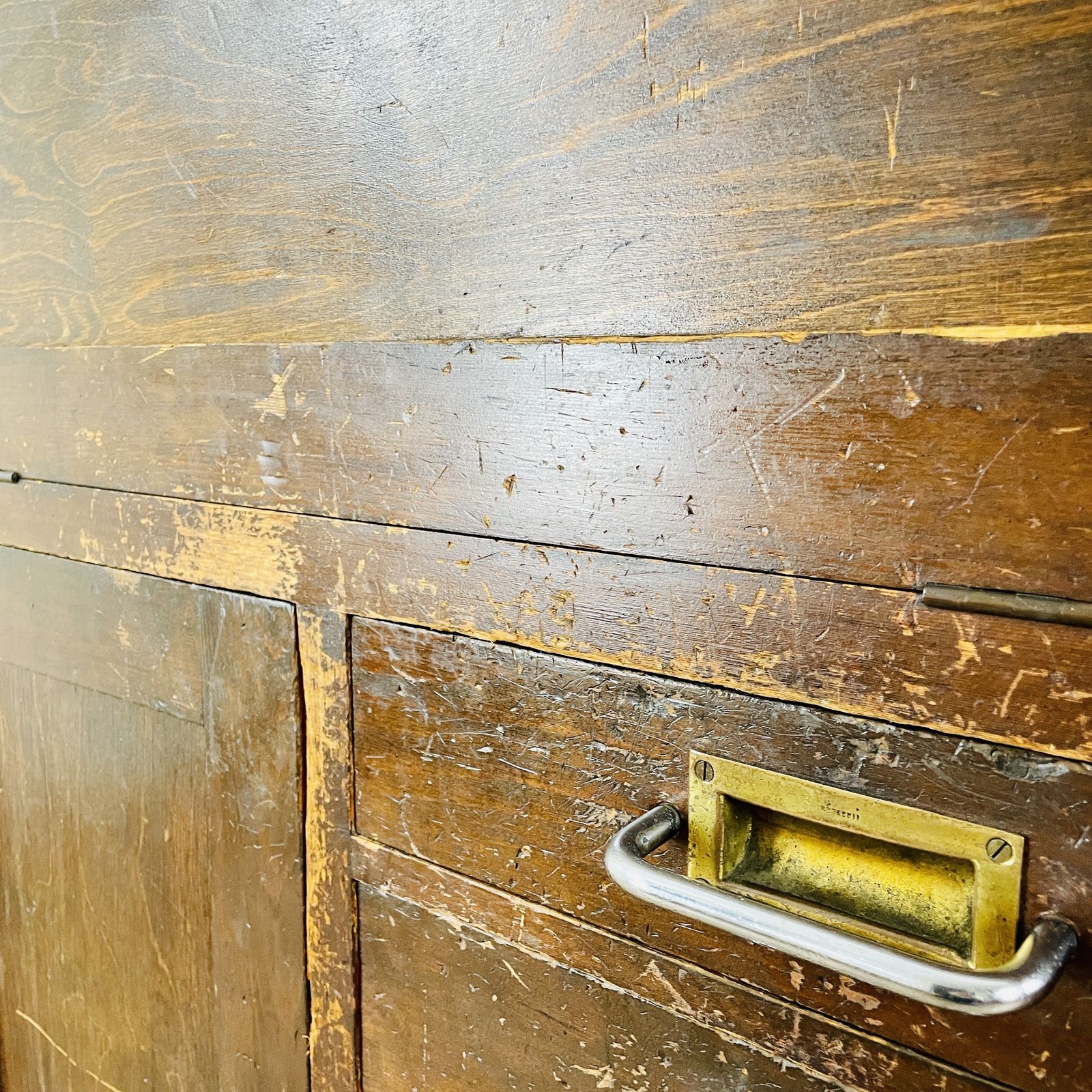 Large Industrial Workshop Cabinet With Brass Handles + Glass Top, 1920s photo Furniture