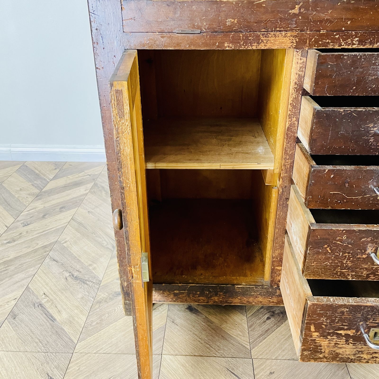 Large Industrial Workshop Cabinet With Brass Handles + Glass Top, 1920s photo vintage