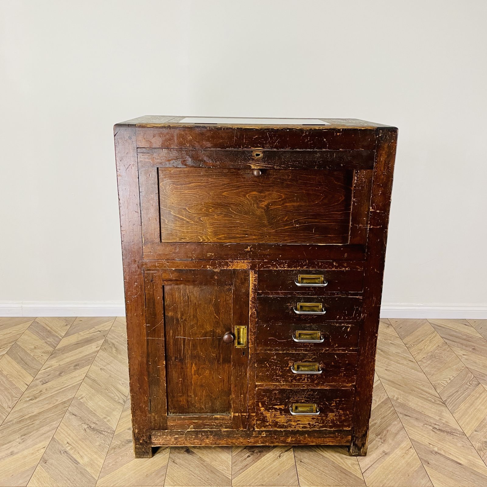 photo for sale Large Industrial Workshop Cabinet With Brass Handles + Glass Top, 1920s