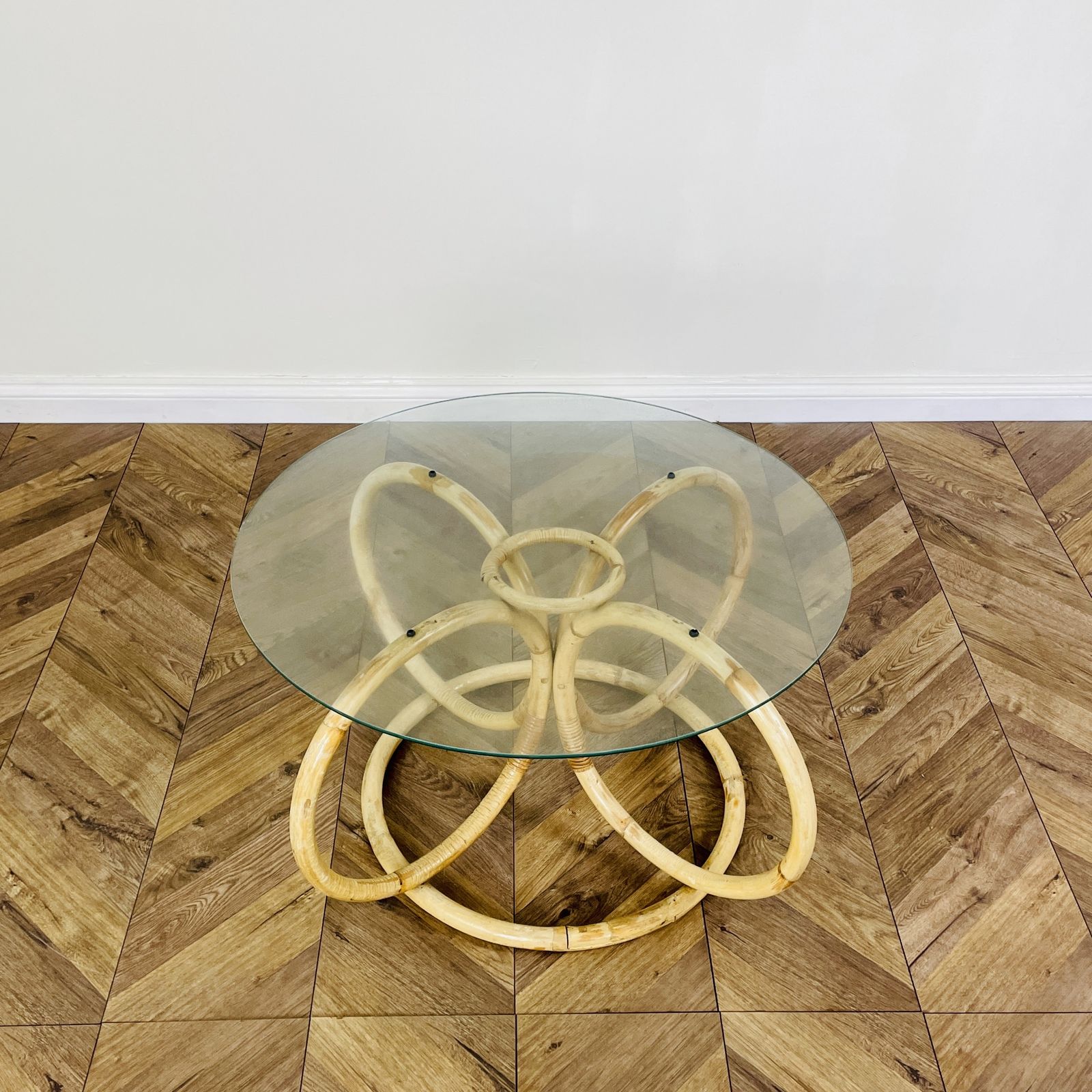 Vintage Mid Century Bamboo + Glass Coffee Table, 1970s photo vintage