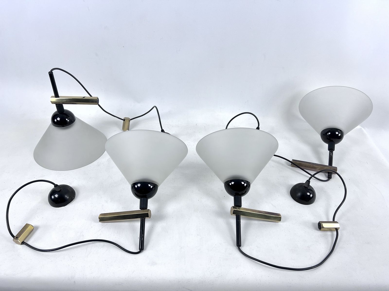 Rare Set Of Four Italian Modern Brass And Murano Glass Wall Lamps By Quattrifolio. 1970s photo vinterior