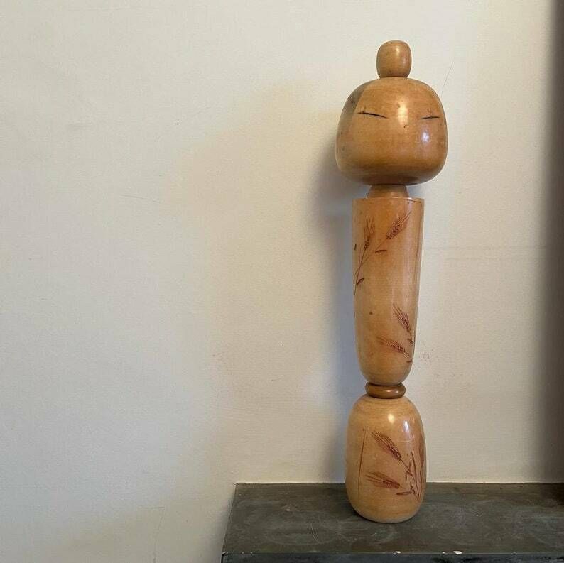 Large Signed Japanese Kokeshi Doll With Wheat Sheaf Engravings