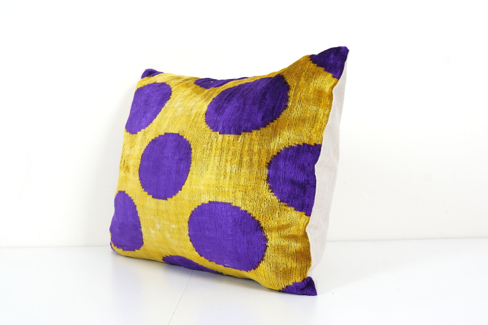 Ikat  Blue Polka Dot Pillow Cover   Silk Ethnic Yellow Velvet Lumbar Pillow Cover   Ethnic Decorative Pillow   Velvet Ikat Pillow 16" X 24" photo for sale