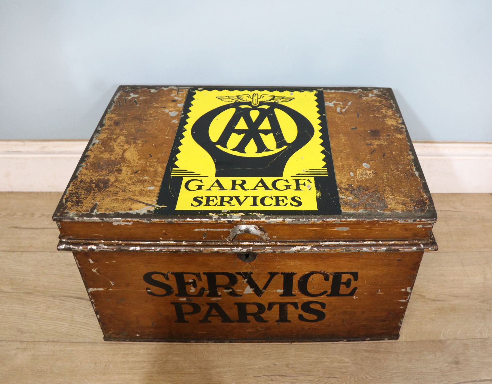 A  Lovely Antique Metal Trunk Later Hand Sign Written For The Automobile Association (Aa). photo furniture