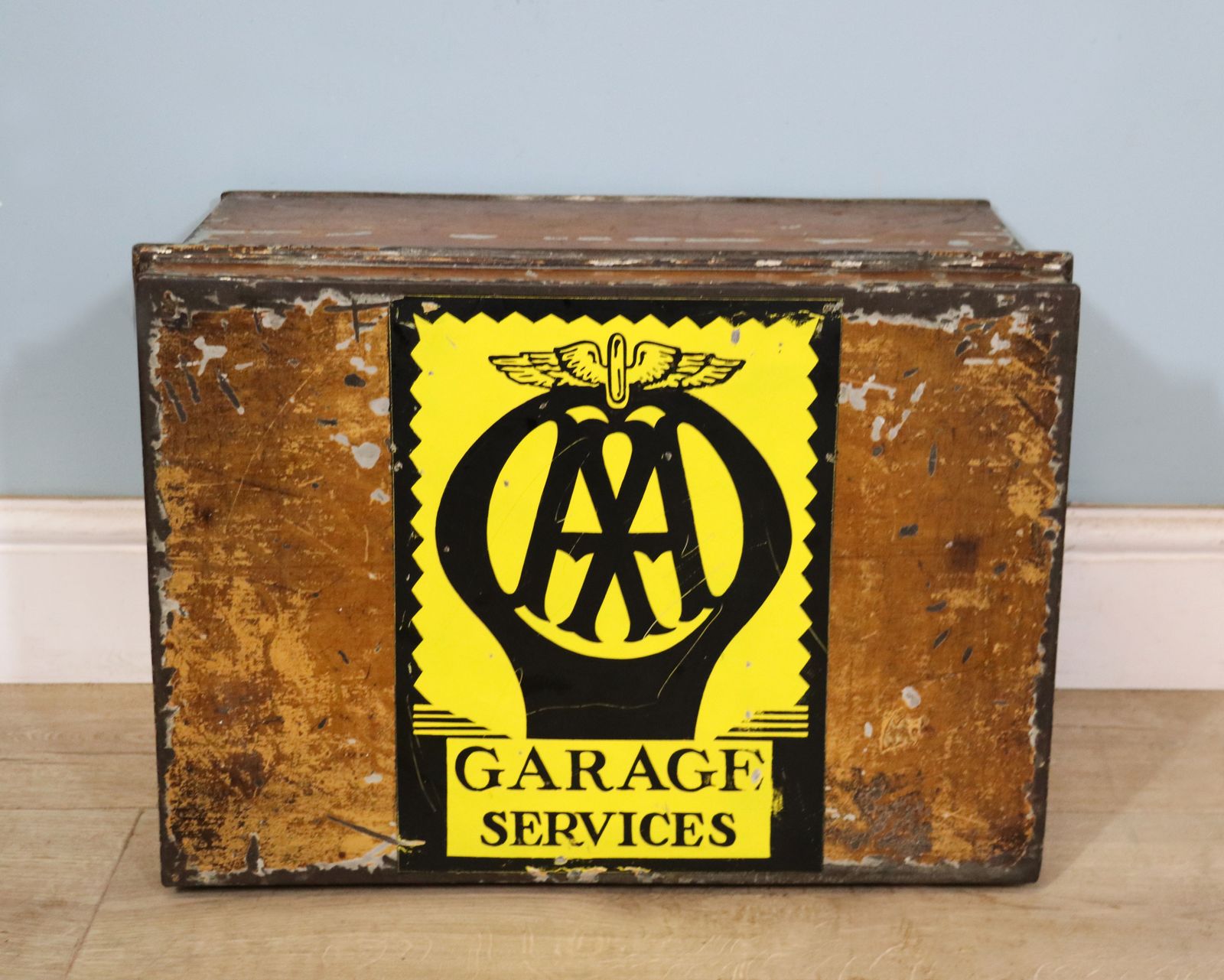 A  Lovely Antique Metal Trunk Later Hand Sign Written For The Automobile Association (Aa). photo Furniture