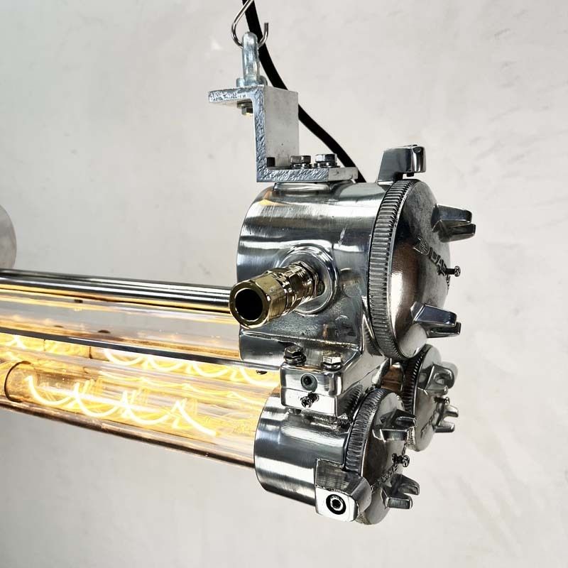 1970s Industrial Polished Aluminium Brass & Glass Edison Flameproof Strip Light photo Lighting