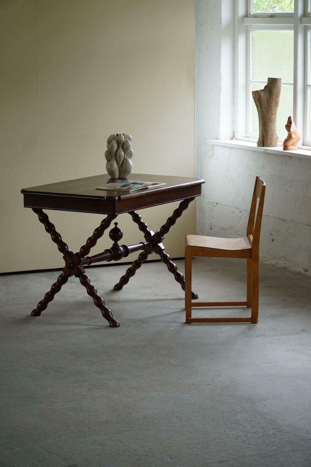 French Sculptural Baroque Style Desk In Stained Pine, Early 20th Century photo for sale
