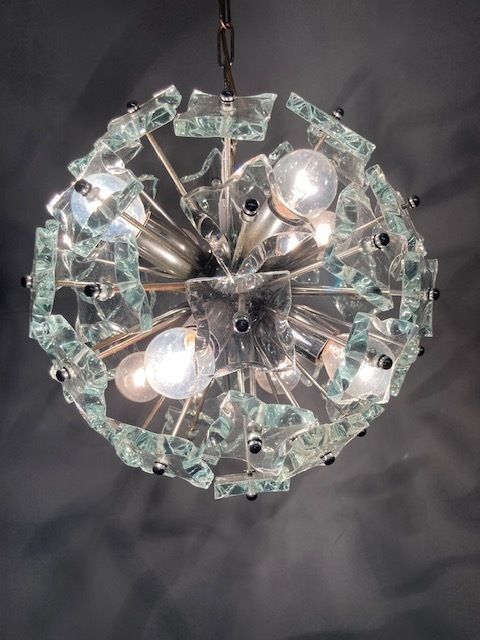 Chandelier Sputnik Chandelier – Mid Century Fontana Arte 1968 Modern Design N. 8 Light Points Frosted Glass photo Lighting