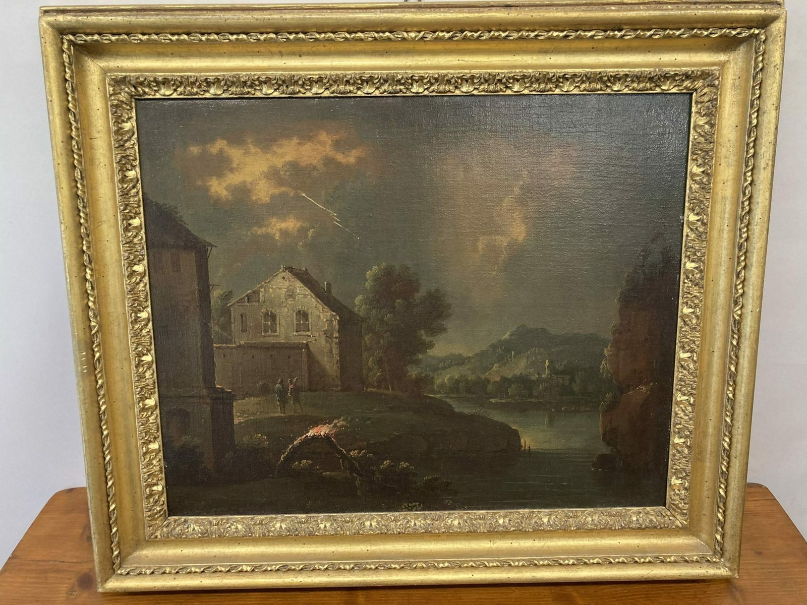Important Flemish Oil Painting On Canvas From The 1750s !! With Storm And Fire. photo furniture