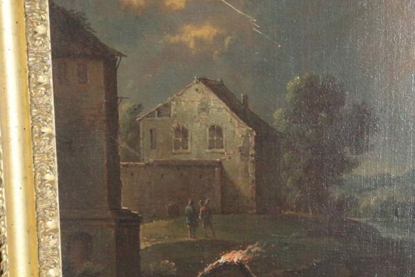 Important Flemish Oil Painting On Canvas From The 1750s !! With Storm And Fire. photo vintage