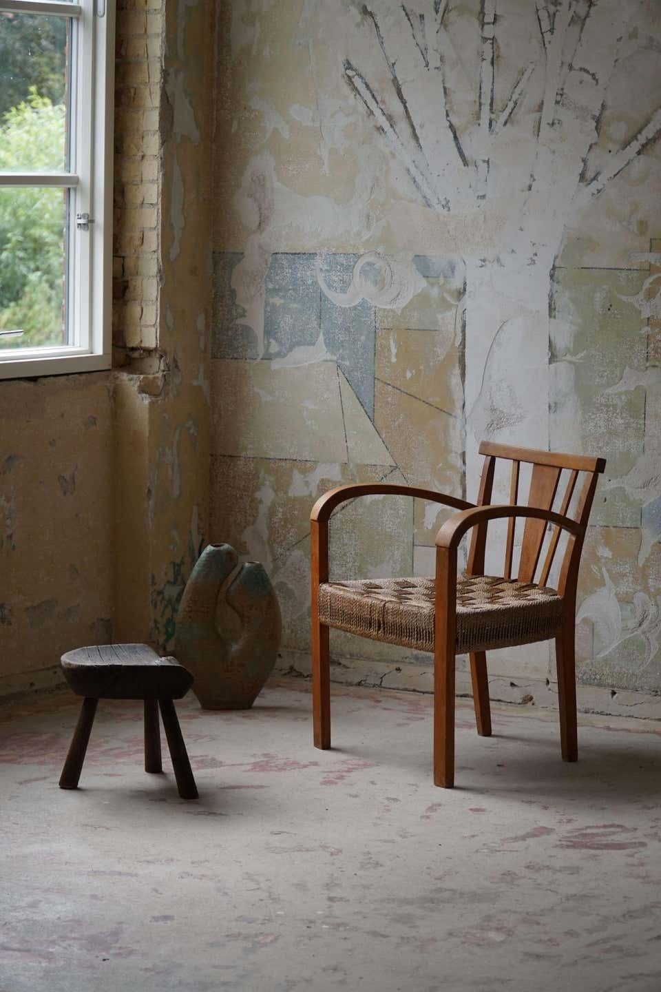 Danish Modern Lounge Chair In Beech And Papercord, In Style Of Frits Schlegel photo furniture