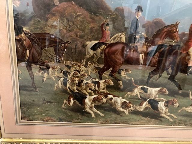 photo for sale Ancient Watercolor Engraving From The 19th Century Depicting A Hunting Scene In A Golden Frame