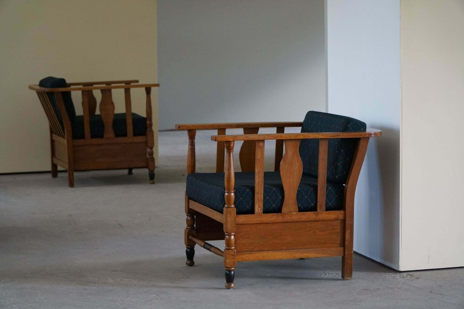 Art Nouveau, Pair Of Lounge Chairs In Oak, Reupholstered In Style Fabric, 1920s photo furniture