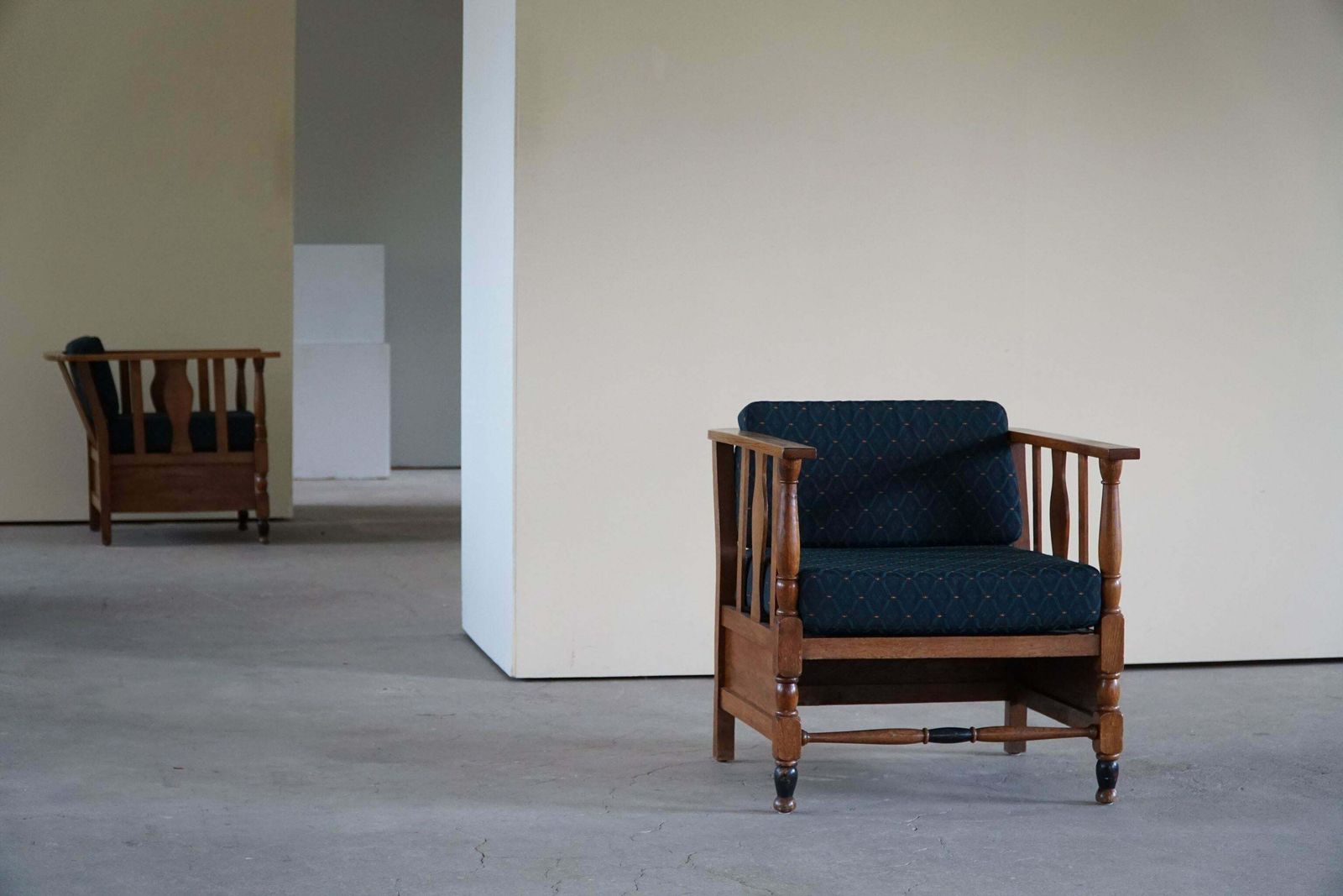 Art Nouveau, Pair Of Lounge Chairs In Oak, Reupholstered In Style Fabric, 1920s photo for sale