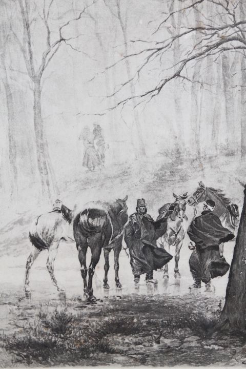 Ancient Print Depicting "The Attack". Italy From The 19th Century In Frame. photo furniture
