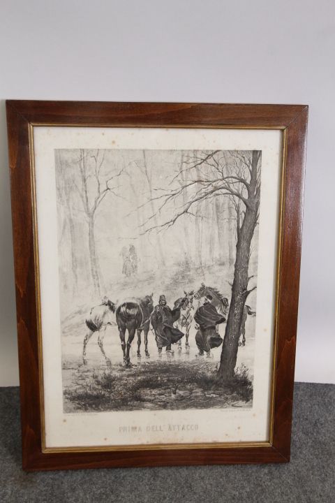 Ancient Print Depicting "The Attack". Italy From The 19th Century In Frame. photo for sale