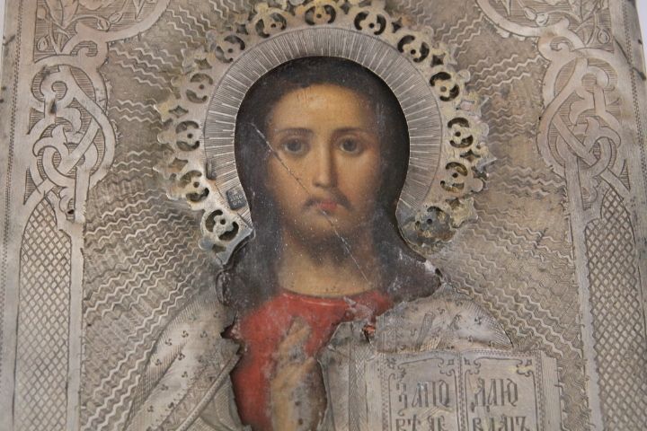 Ancient Icon In Silver And Painted Christ Blessing 19th Century. Size Cm 18 X Cm 15 photo Art