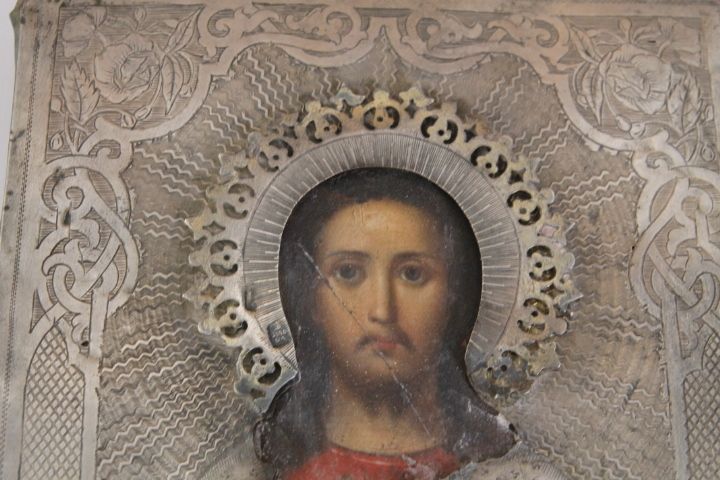 Ancient Icon In Silver And Painted Christ Blessing 19th Century. Size Cm 18 X Cm 15 photo vintage