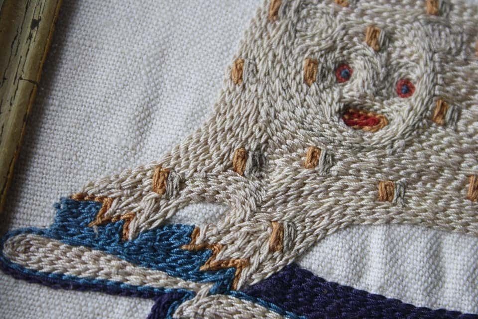 photo vinterior Pair Of Early 19th Century Silk Embroidery Folk Art Animals Elephant & Leopard