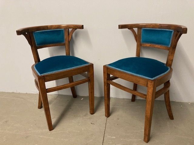 Antique Pair Of Walnut Art Deco Cockpit Armchairs From 1940. Restored Modern Antiques Petroleum Fabric
