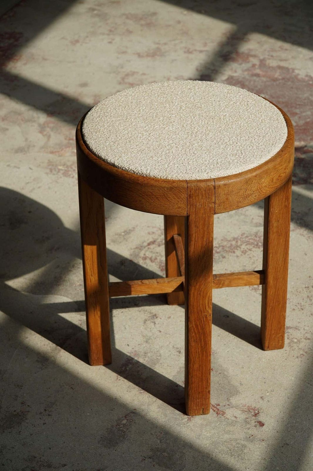 Danish Mid Century Stool In Oak And Reupholstered In Bouclé Wool Ca 1950s photo furniture