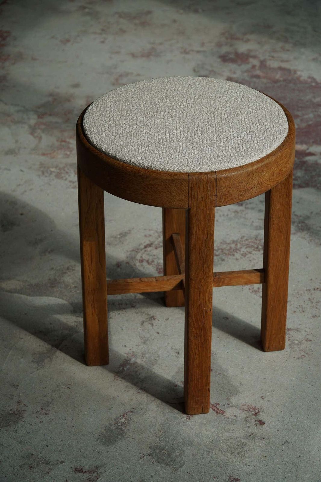 Danish Mid Century Stool In Oak And Reupholstered In Bouclé Wool Ca 1950s photo vintage