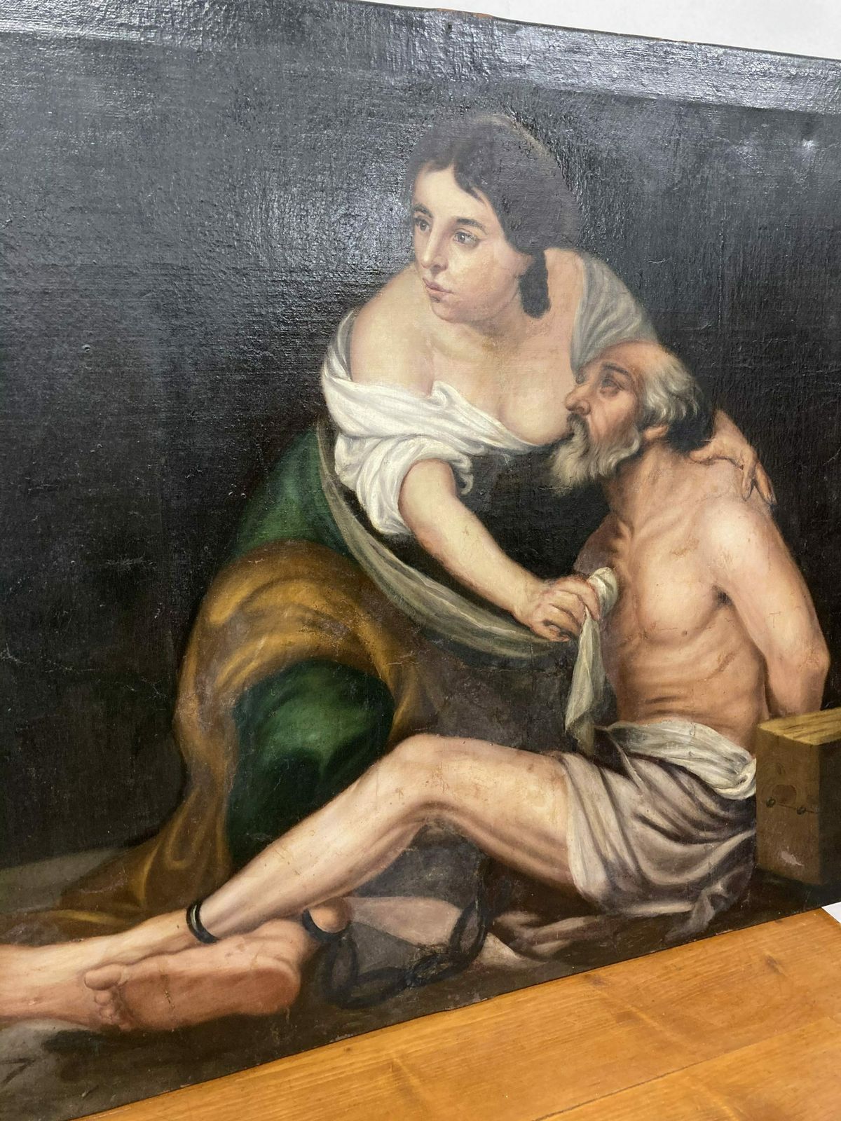 Important Large Oil On Canvas XVII Century, Venetian School, "La Carità Romana" 108 X 85 Antique Painting
