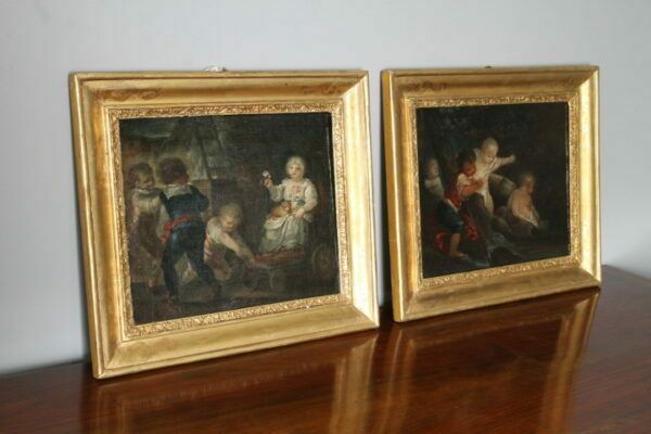 Ancient Pair Of 18th Century Paintings "Gioco Di Putti" In Gold Leaf Frame.