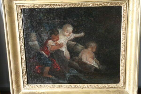 photo buy Ancient Pair Of 18th Century Paintings "Gioco Di Putti" In Gold Leaf Frame.