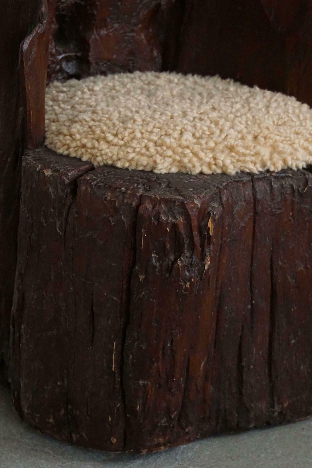 Handcarved Swedish Primitive Wabi Sabi Stump Chair   Lambswool Seat   1900s photo buy