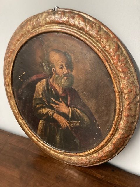 photo for sale Ancient Round Oil Painting On Panel From The 17th Century St. Peter In Patina With Coeval Frame