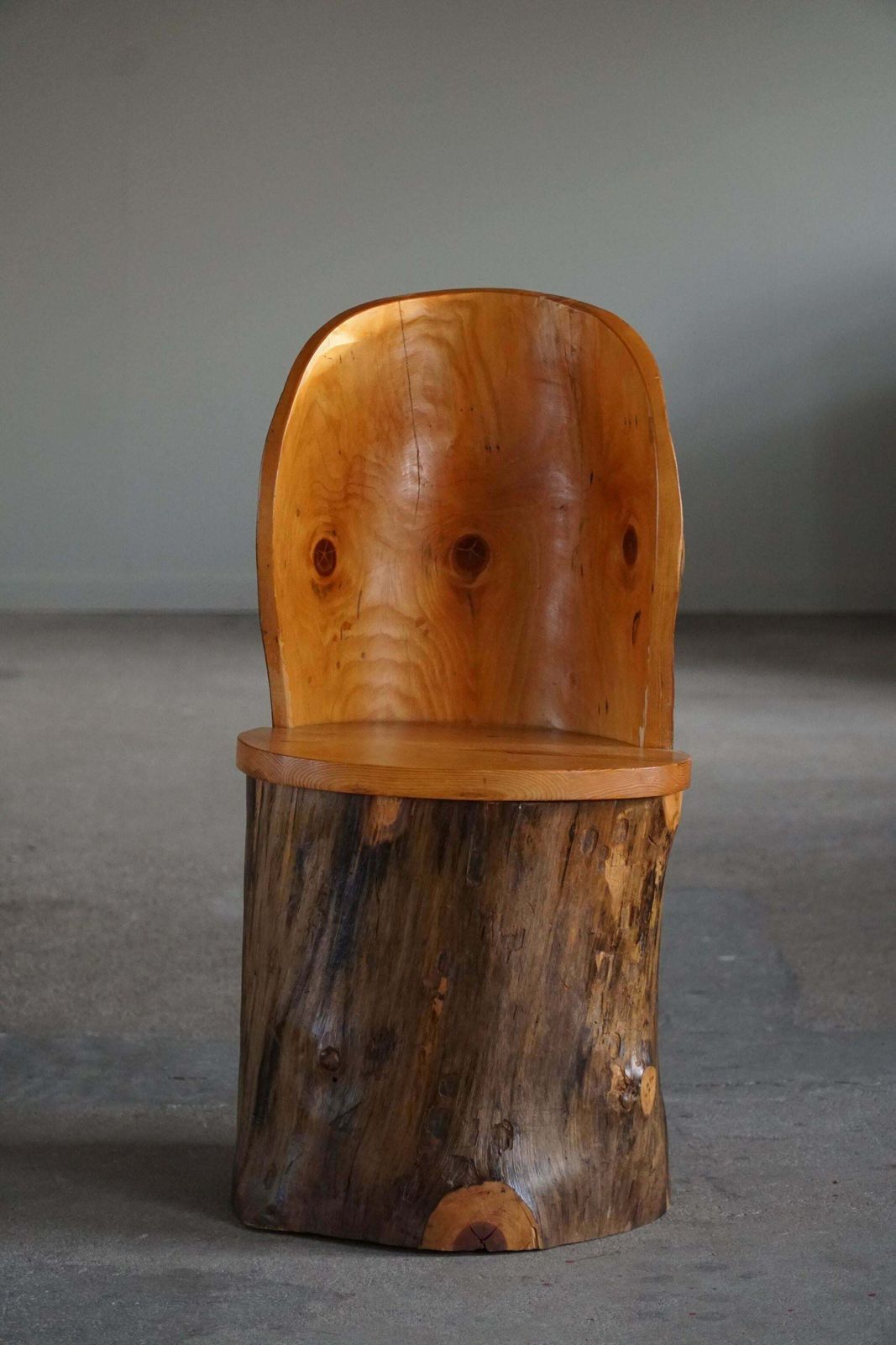 Hand Carved Primitive Swedish Modern Stump Chair In Pine, Wabi Sabi   1960s photo for sale