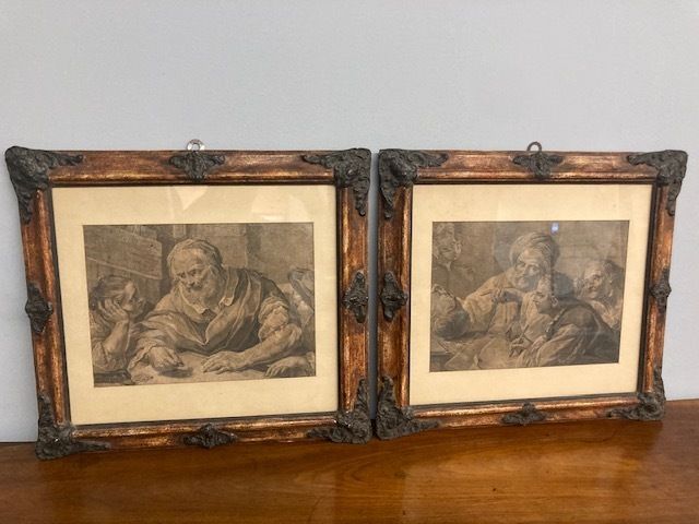 Ancient Pair Of Prints In Antique Lacquered Frames From The Mid 1800s. Beautiful