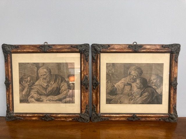 Ancient Pair Of Prints In Antique Lacquered Frames From The Mid 1800s. Beautiful photo Art