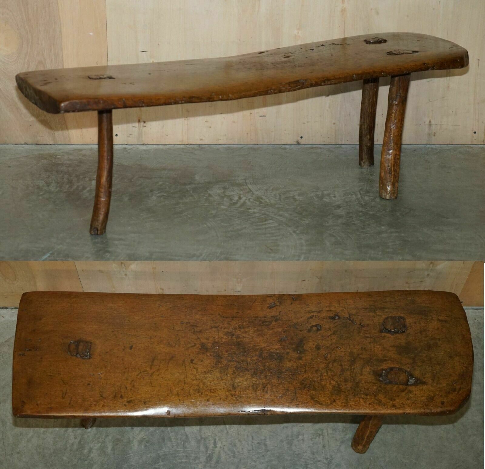 Primitive Antique 1740 Spanish 18th Century Three Legged Bench Or Coffee Table