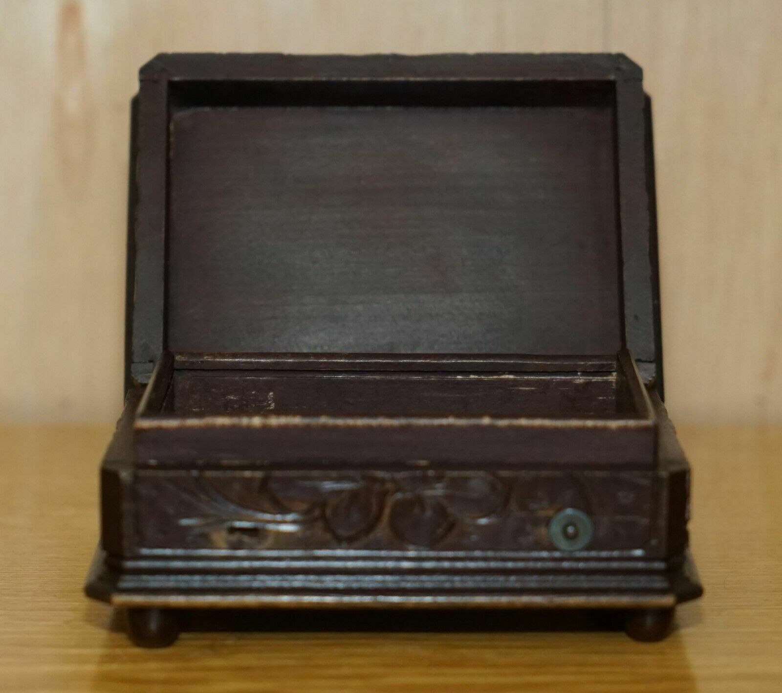 Home Decor Original Antique Grape Vine Carved Black Forest Wood Music Box Needs Service photo