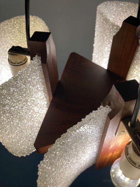 Lighting Antique Design Chandelier With Three Lights From The 70s, Swedish Style In Teak. Modern Design. Restored And Overhauled !! photo
