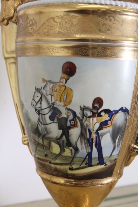 Pair Of French Sevres Empire Vases From The Early 1900s, Pure Gold Porcelain And Branded Biscuits photo for sale