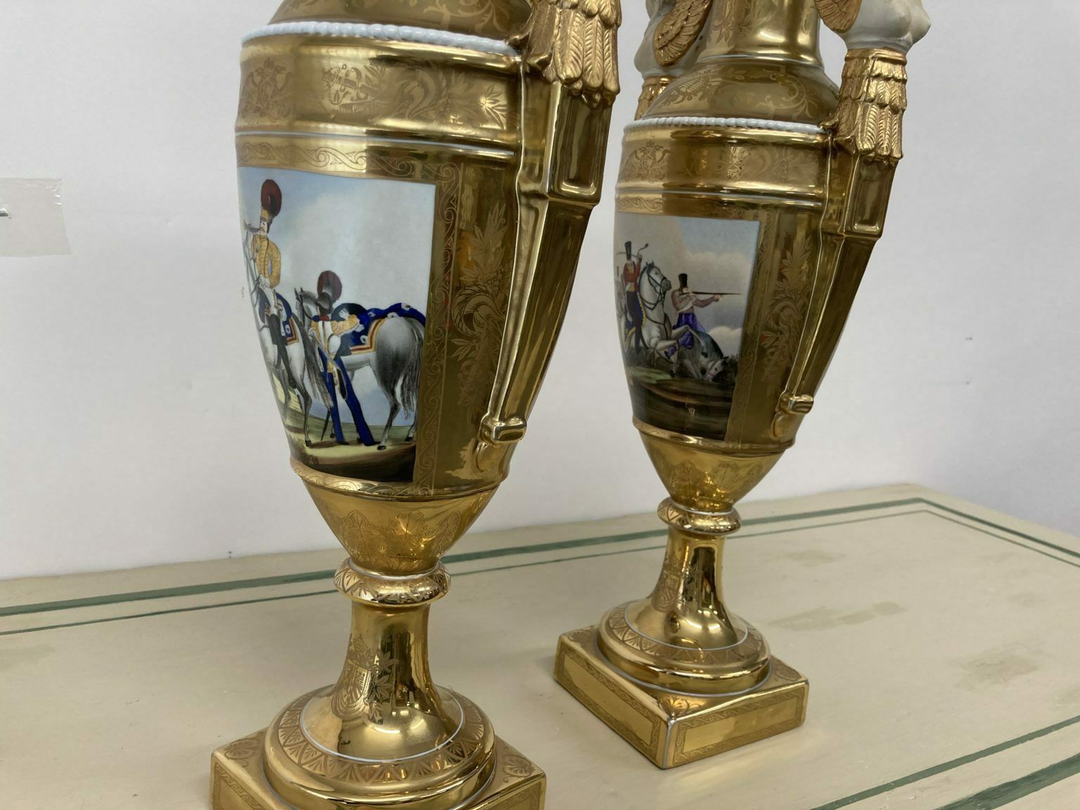 Pair Of French Sevres Empire Vases From The Early 1900s, Pure Gold Porcelain And Branded Biscuits photo vintage